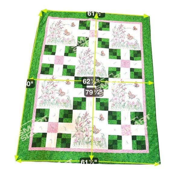 Handmade Floral Spring Quilt Butterfly Patterned Blocks & Green Border 62"x79.5" - Picture 3 of 4